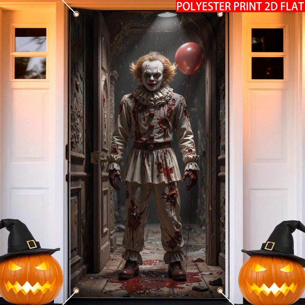 Home Bargains - 2D-Türvorhang-Banner, 1-teiliges Halloween-Horror-Clown, blutiger Zaubererhut-Design, Haustür,